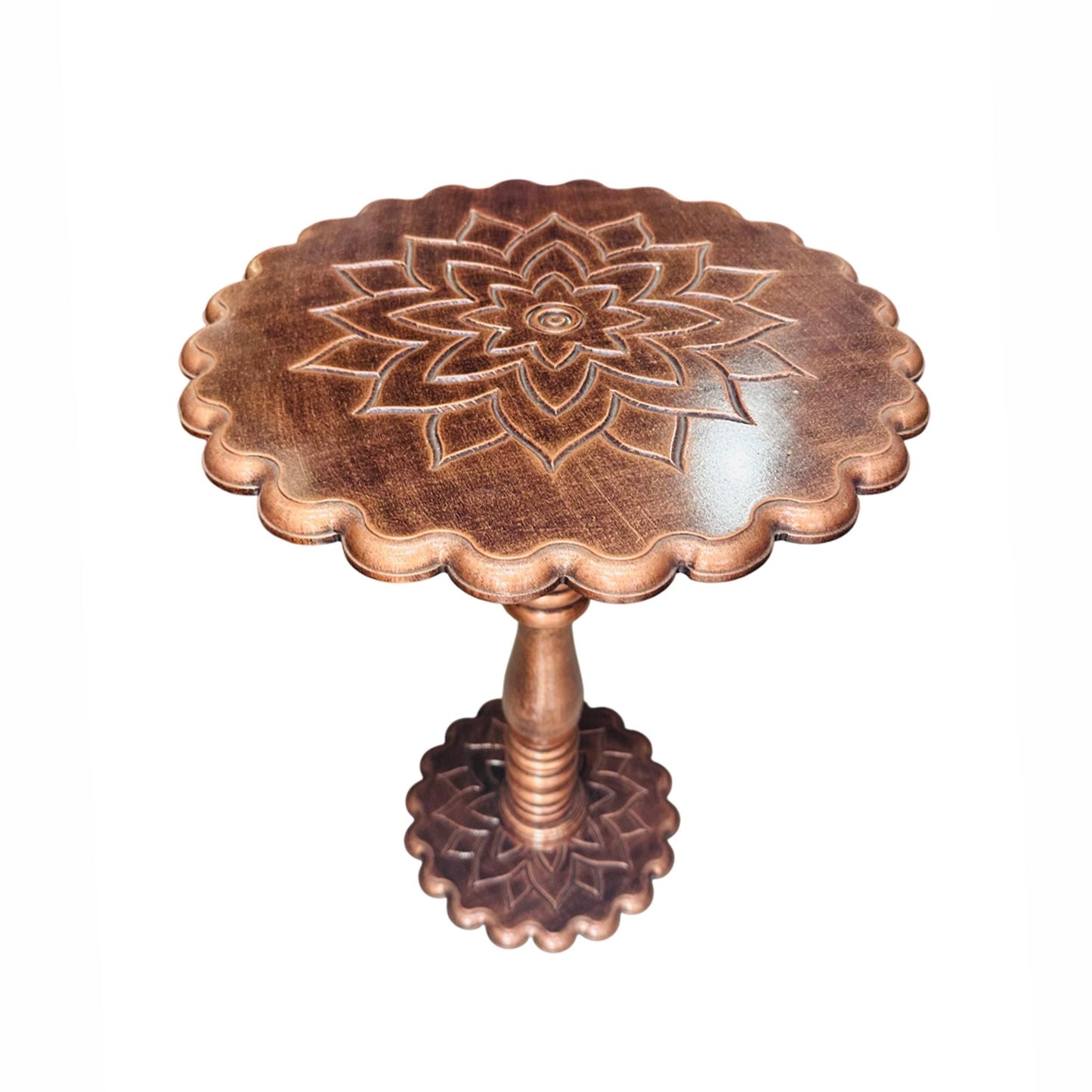 Hand Carved Mango Wood Coffee Table: lotus design rustic gold shade , folding design