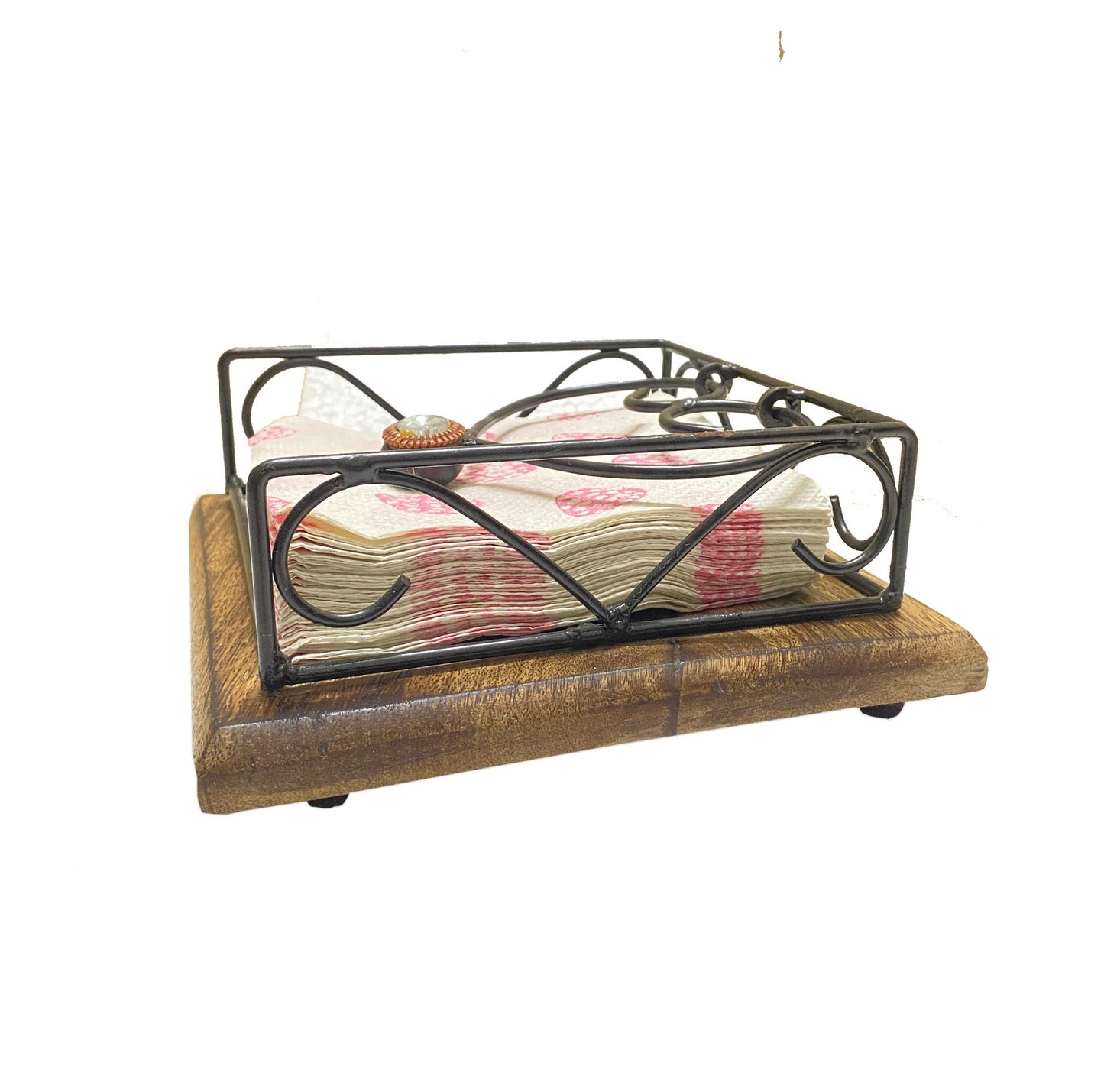 Handmade Wood & Wrought Iron Napkin Holder: Modern Tabletop Decor