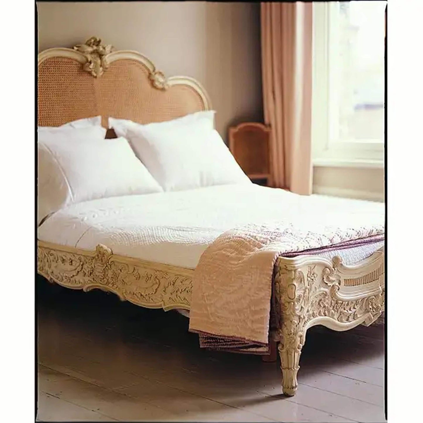 Handmade Giltwood Bed Frame: Louis XV Rococo Style, Tufted Headboard