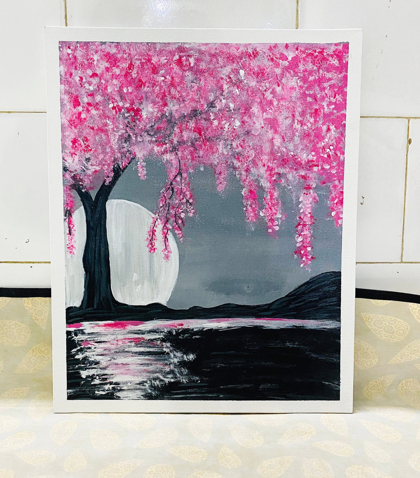 Hand Painted Full Moon With Aglaonema Tree Painting on canvas, Wall décor for home and office