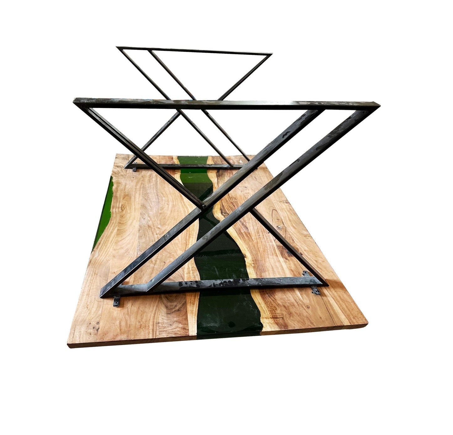 Handmade Live Edge Teak & Epoxy Dining Table with Metal Legs