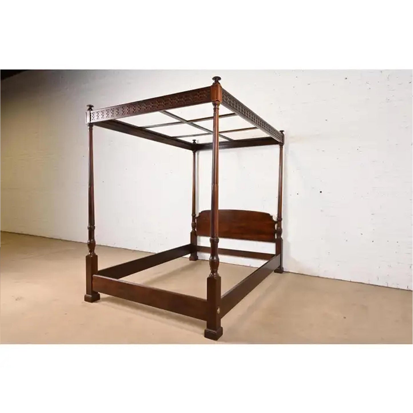 Handmade Carved Mahogany Canopy Bed: Mid-Century Modern King/Queen