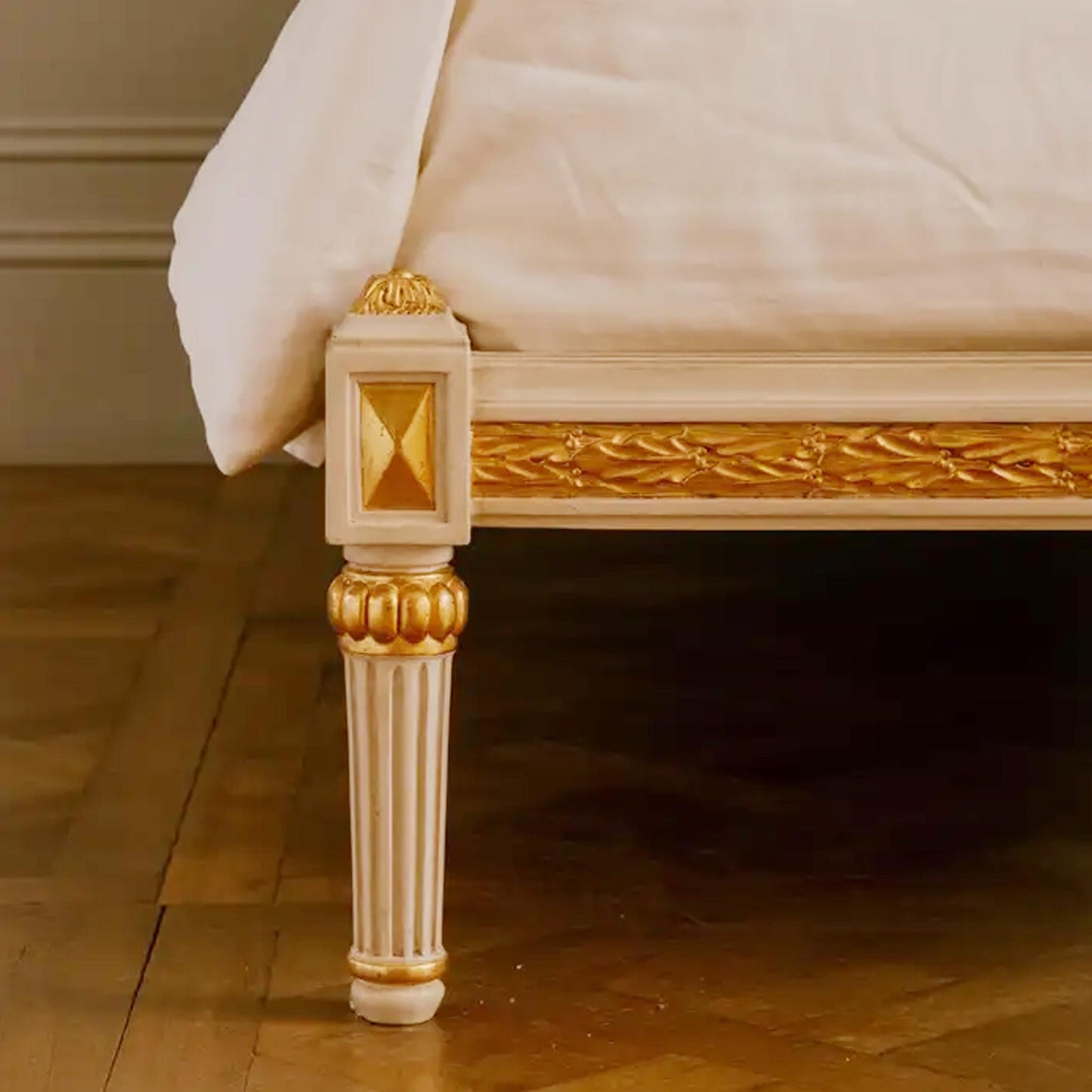 Hand carved Rosace Bed, King Hand Carved in the Louis XVI Style Rattan cane Bohemian Rococo Style gold leaf Bed Frame