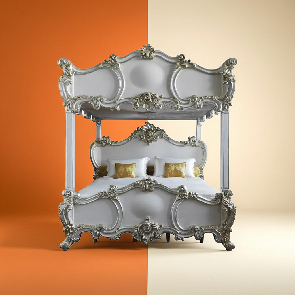 Hand Carved Rococo Style Bed Frame: Silver Gilt Wood, Four Poster