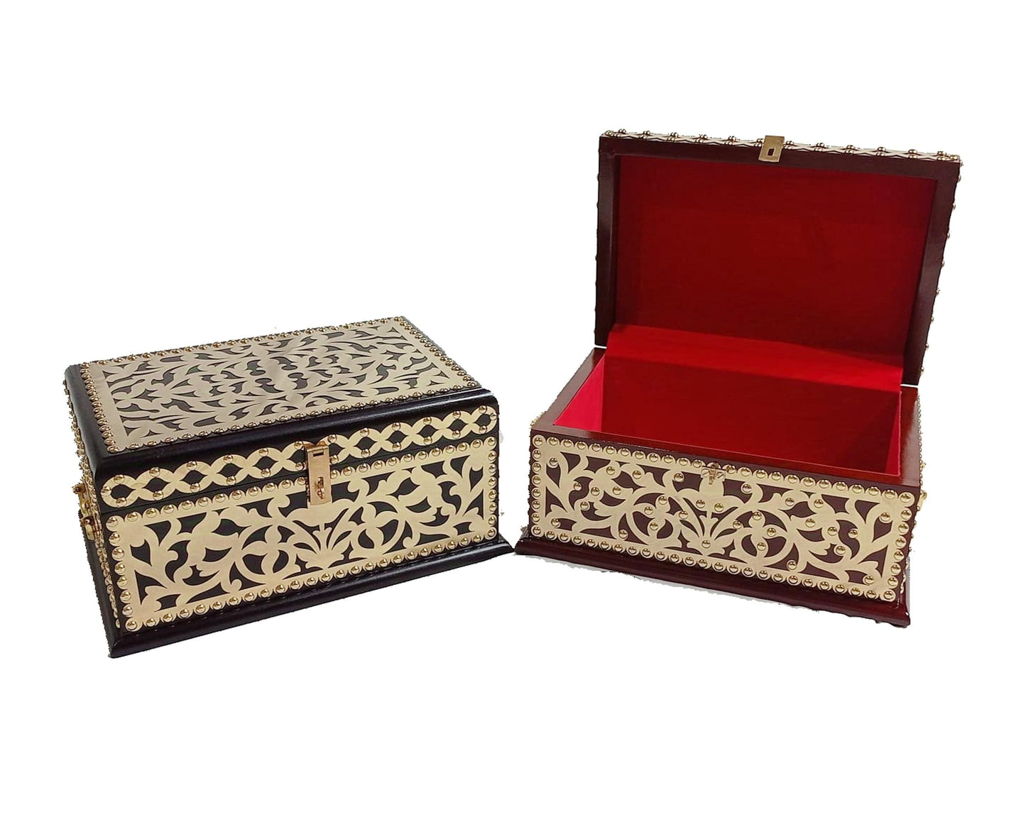 Handmade Wooden Storage Trunk: Brass Decor, Jewelry Box