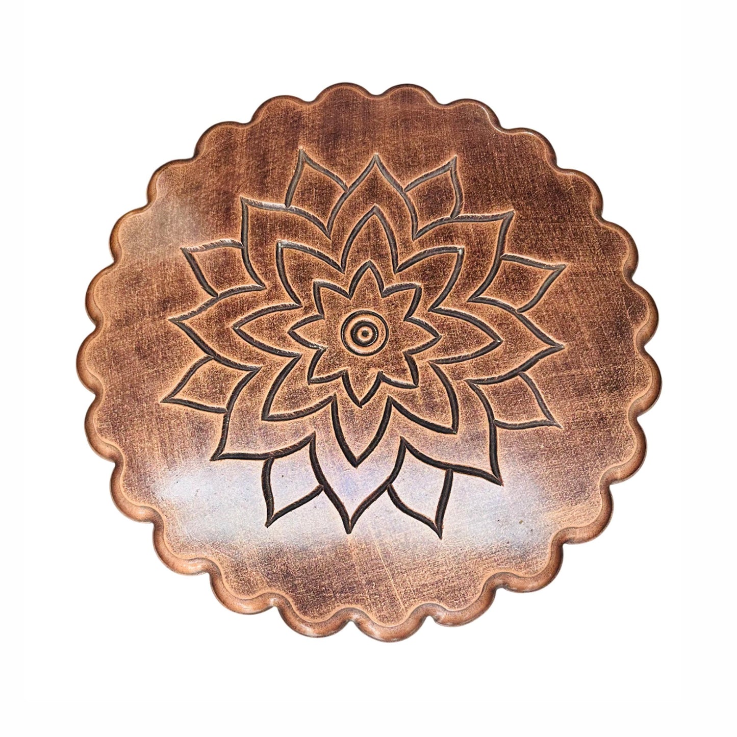 Hand Carved Mango Wood Coffee Table: lotus design, copper shade, folding design