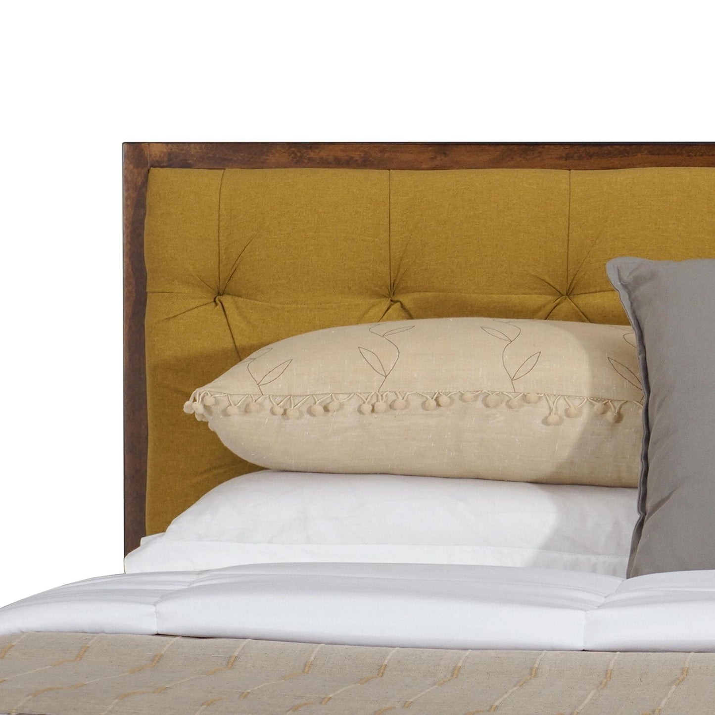 Tufted Upholstered Bed Frame: Solid Wood, Dark Oak Finish, Bohemian Style