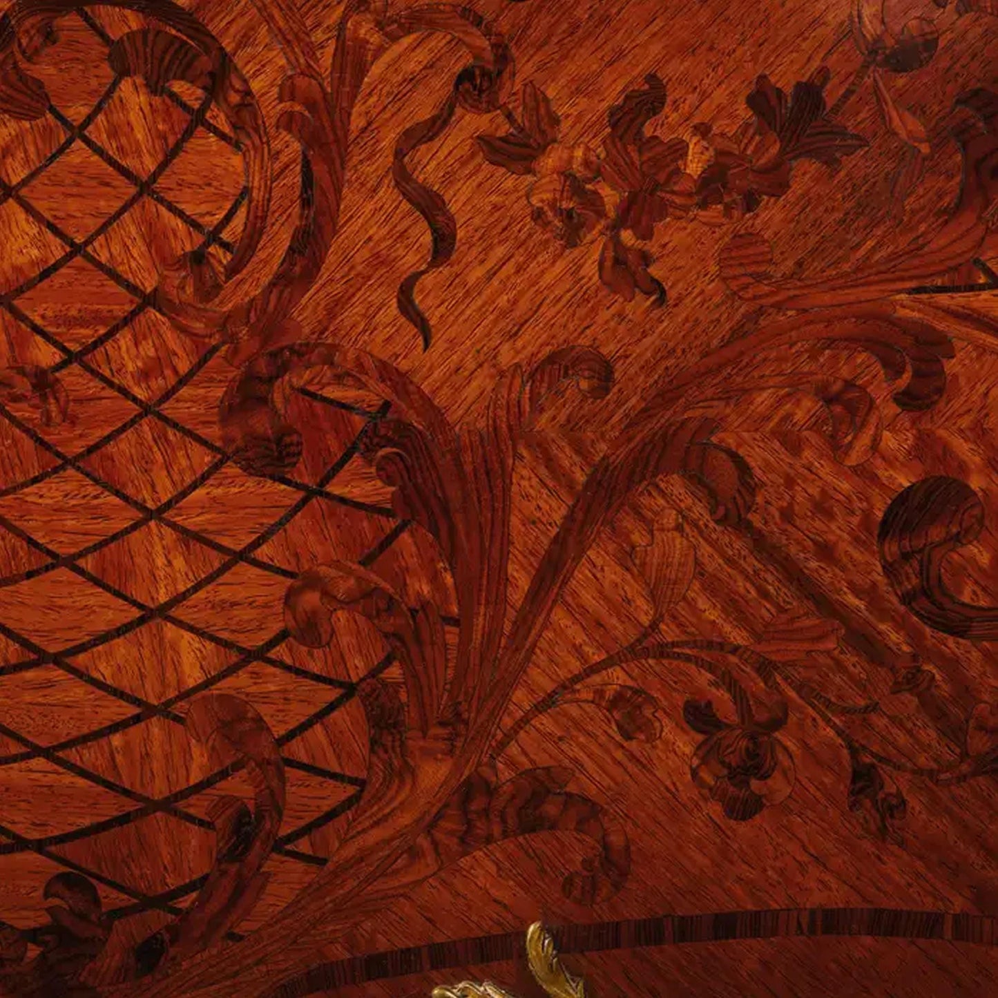 Handmade Marquetry Mahogany King Bed: Gilt Bronze Rococo Style