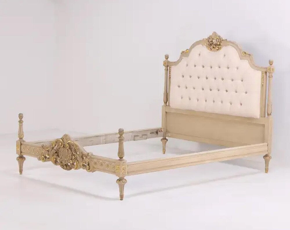 Handmade Giltwood Bed Frame: Tufted Rococo Style