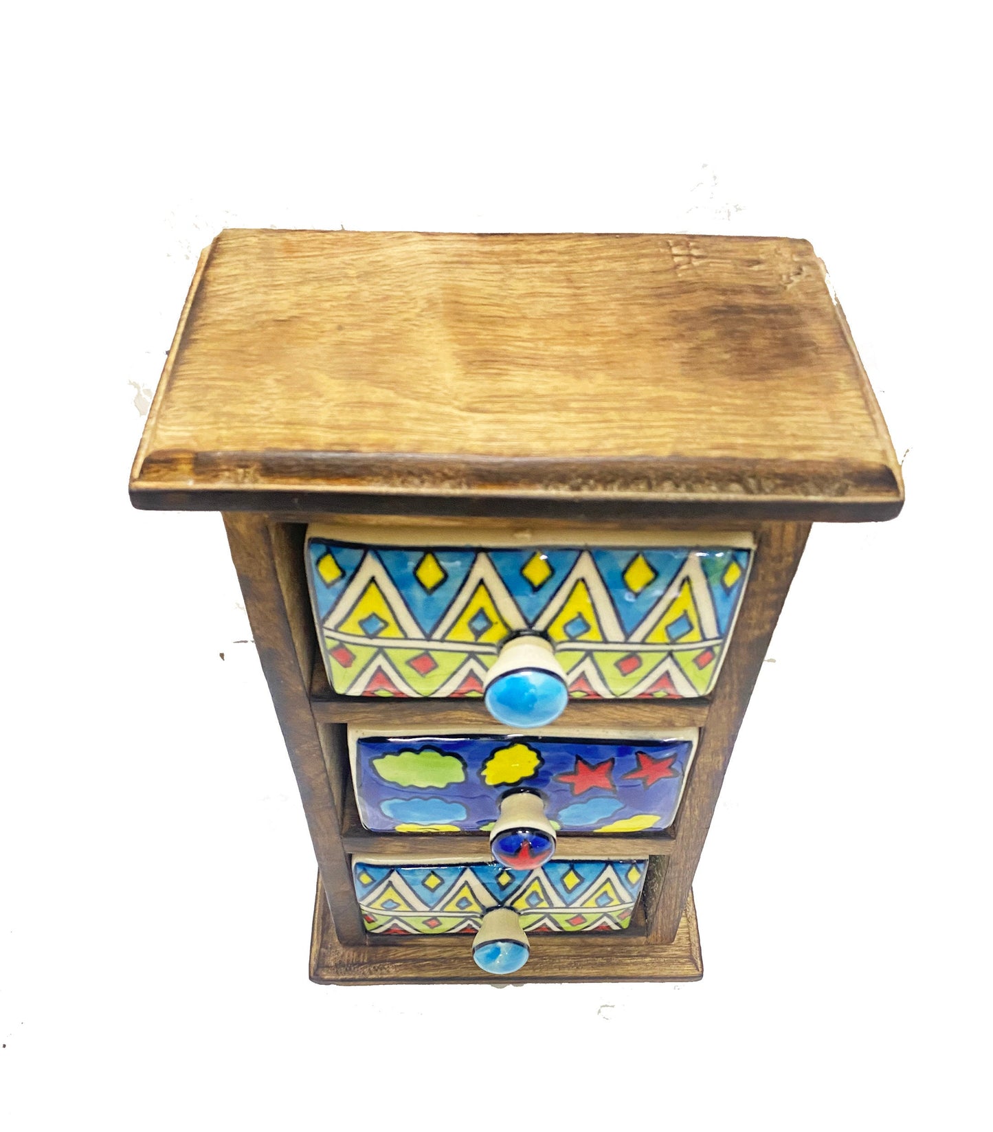 Handmade Wooden Shelf with Ceramic 3-Drawer - Antique Brown