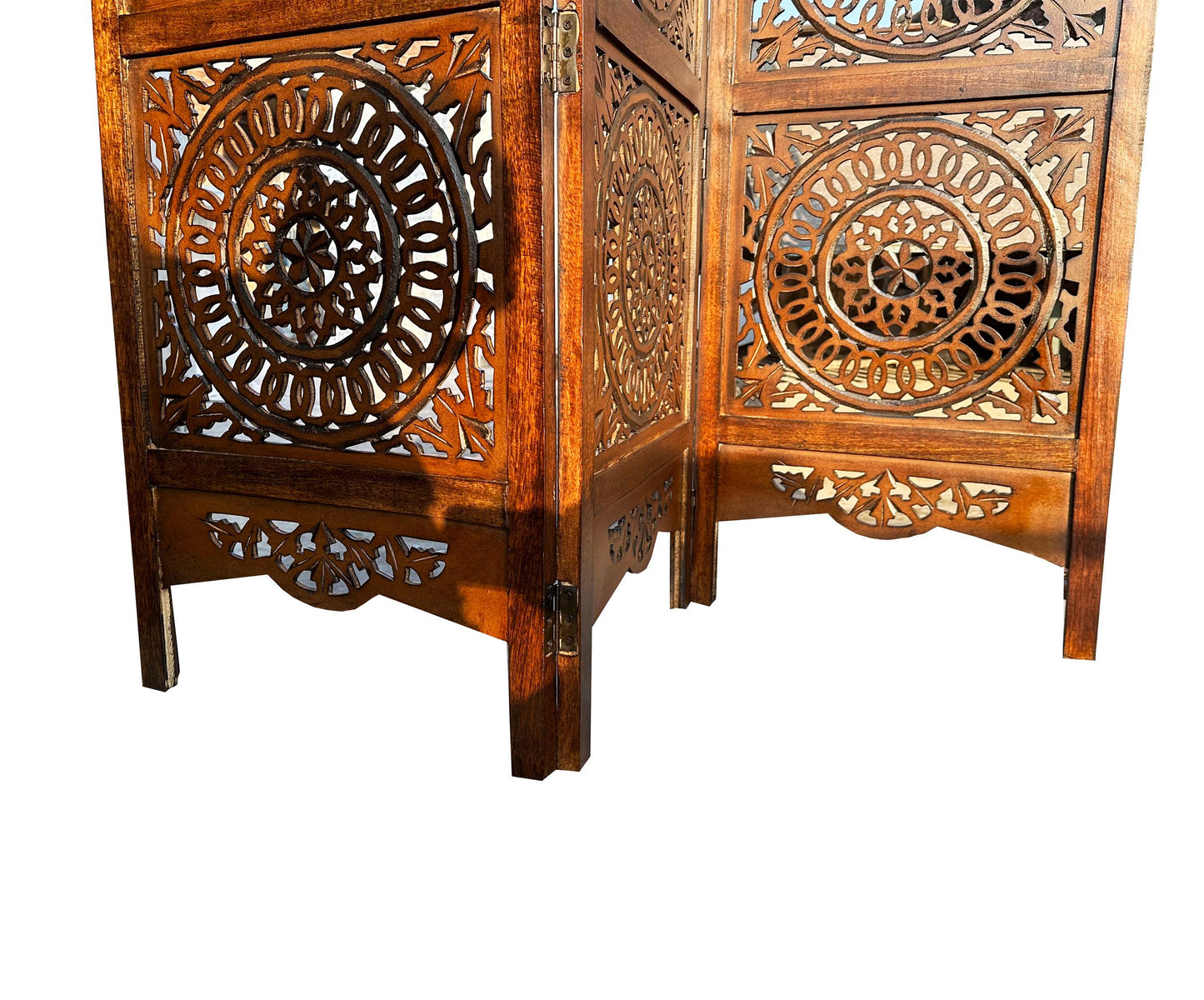 Mid-Century Modern Brown Wood Folding Room Divider: Carved Design