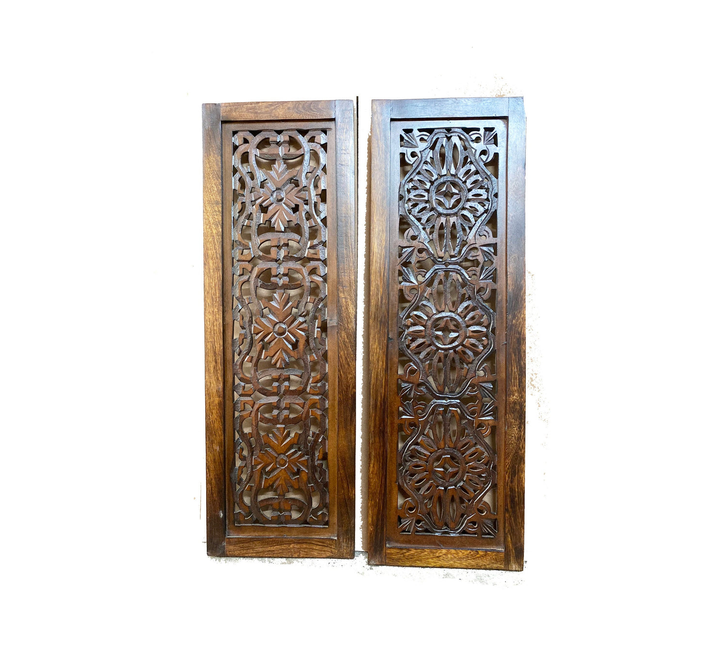 2 pcs Mid century Brown Flower carving design Wall Panel Hanging Mandola art fixture