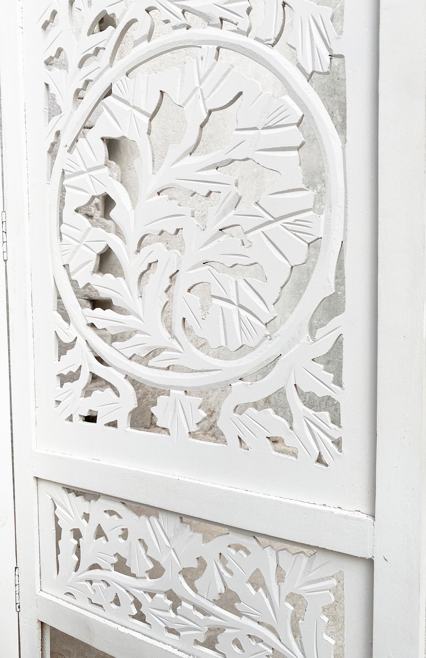 Handmade Lotus Wooden Folding Room Divider: White Carved Screen