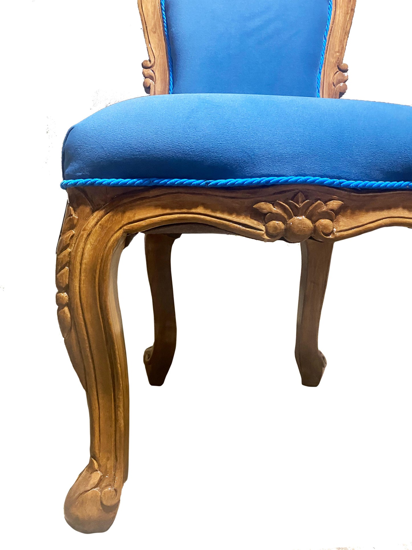 Hand Carved Rococo Style Dining Chair: Blue Tufted Cushion