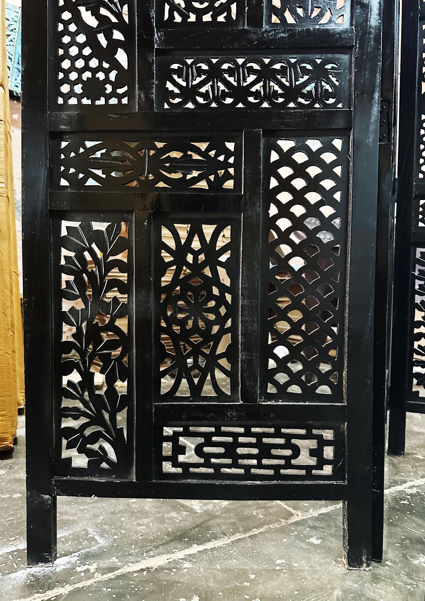 Mid Century Black Wood Folding Room Divider: Handmade Carved Partition Screen