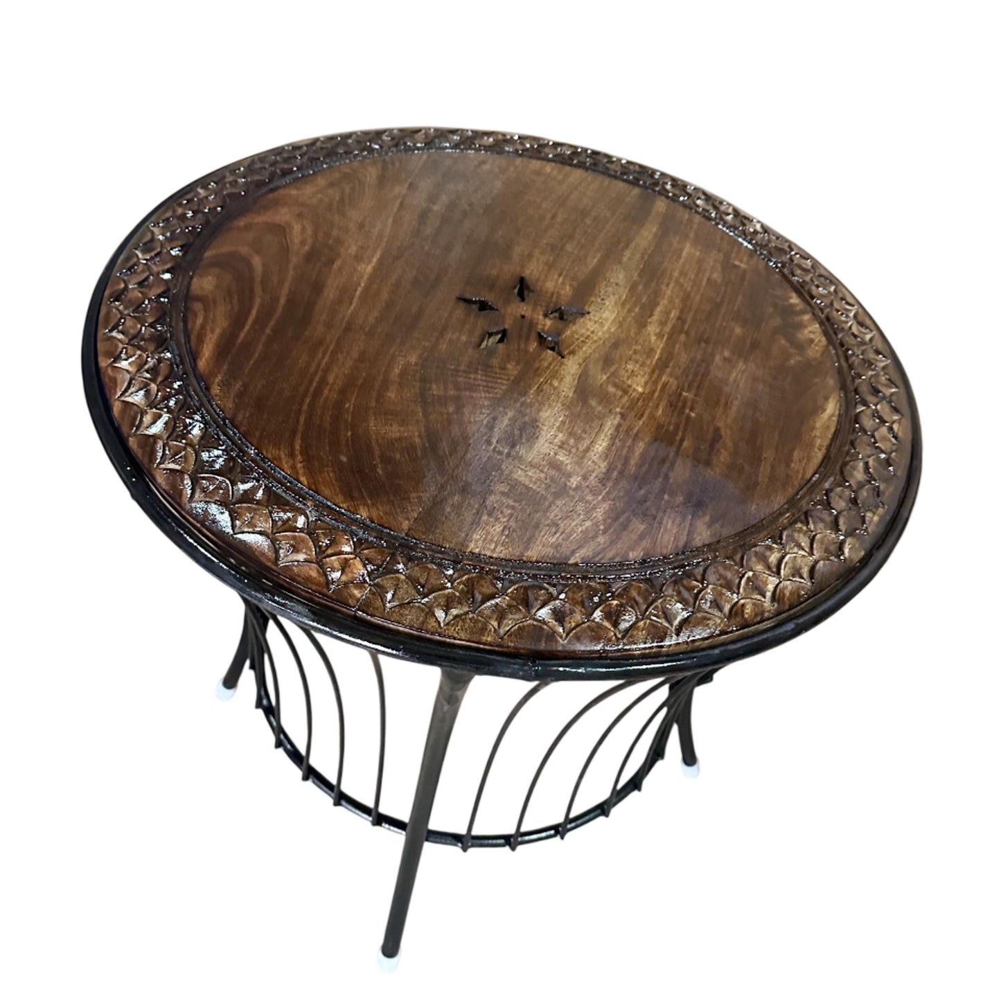 Hand Carved Mango Wood Coffee Table: Wrought Iron & Leaf Design