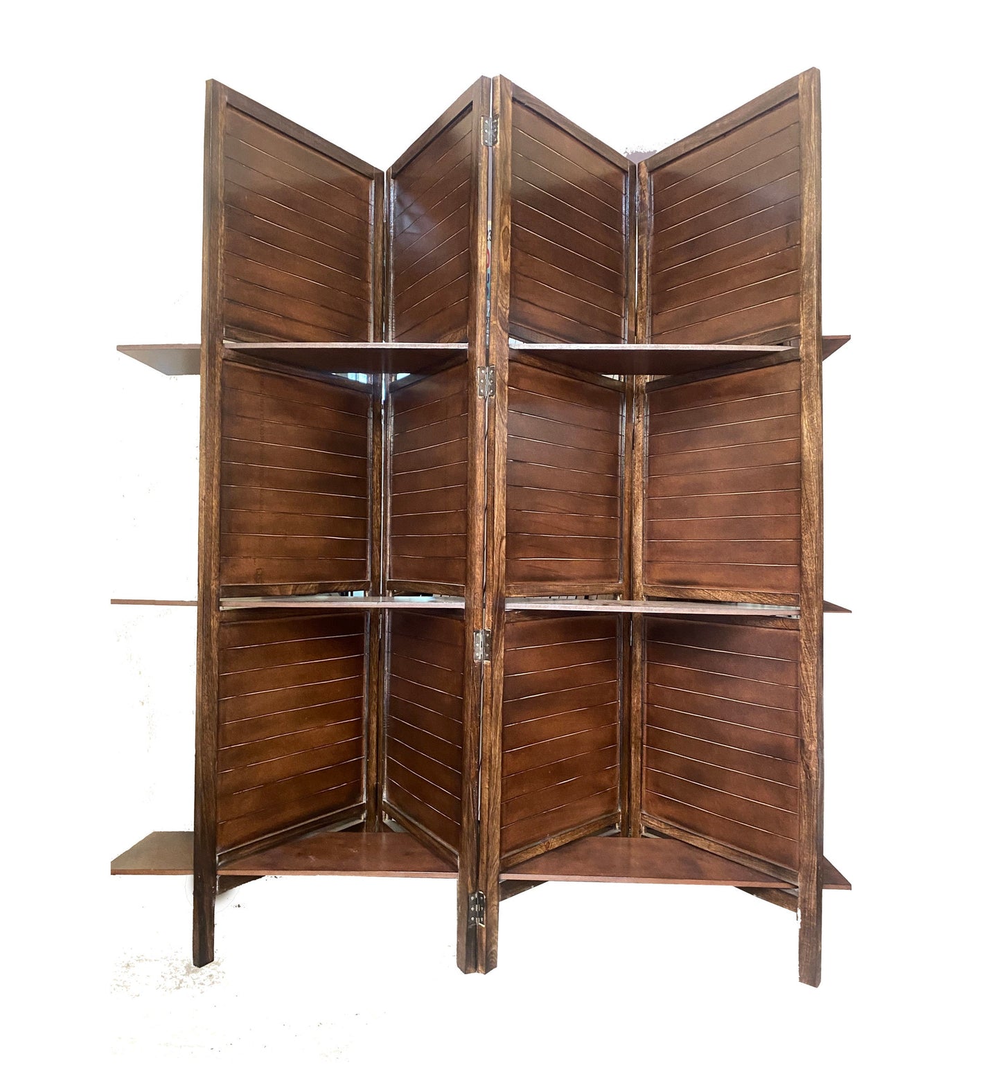 Mid Century Folding Partition with Shelf: Handmade Wooden Room Divider
