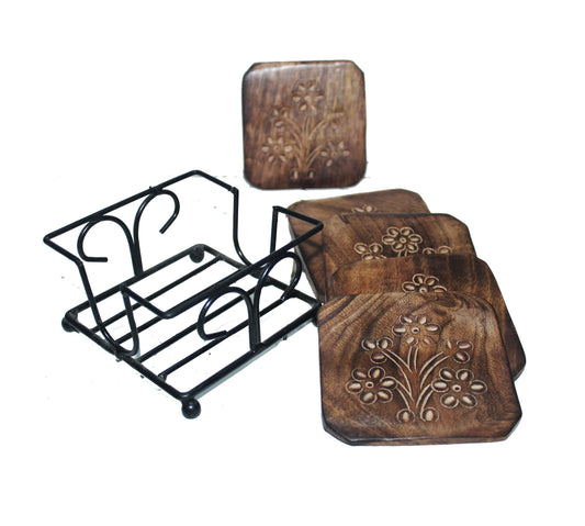 Iron wood Coaster set of 6, handmade carved coaster with metal Stand