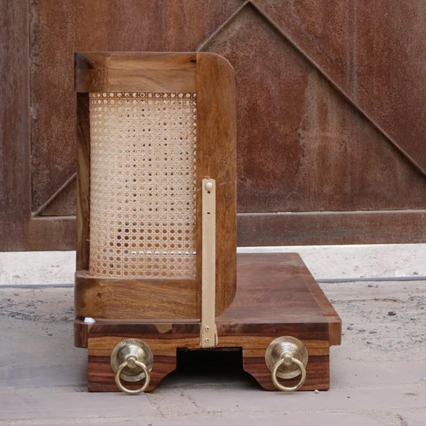 Handmade Teak Wood Hanging Swing: Brass Chain, Cane Back Rest