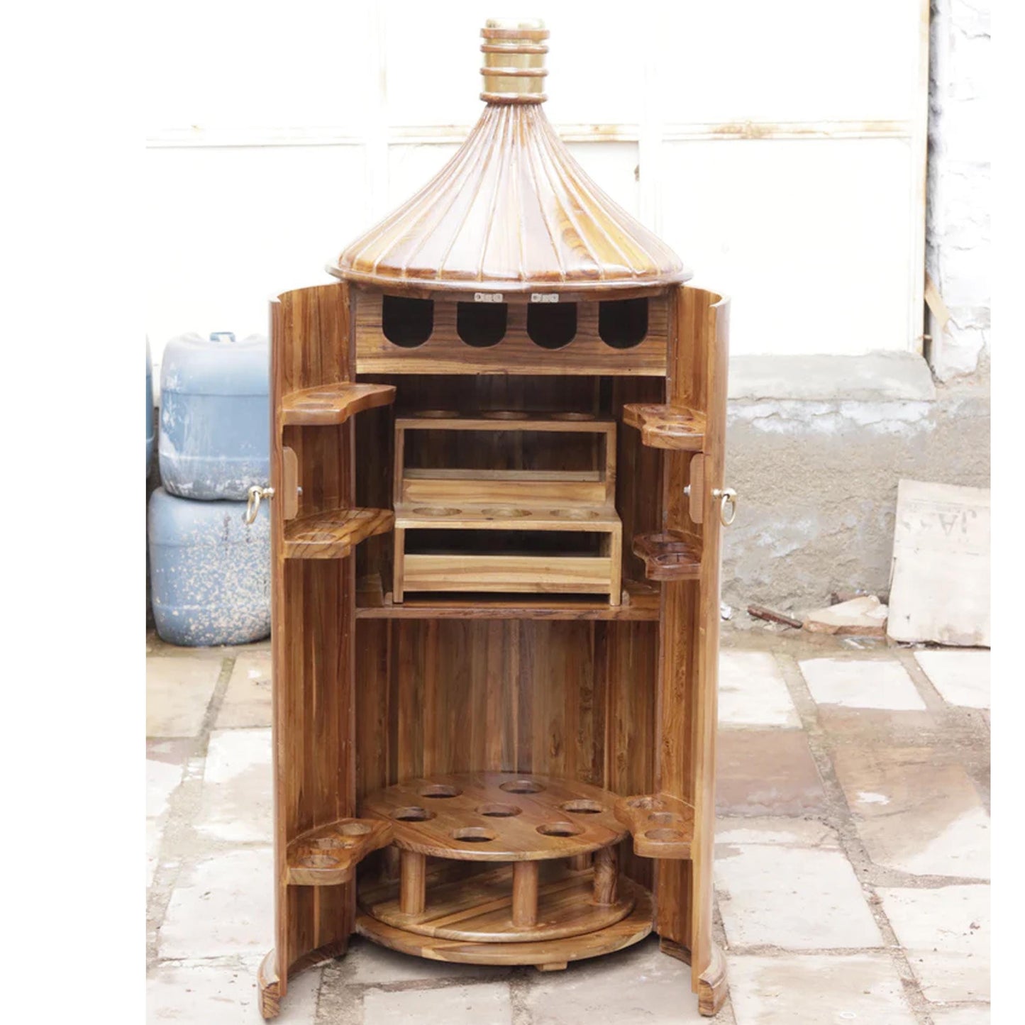 Mid Century Bar Cabinet: Teak Wood Bottle Console - Hand Painted