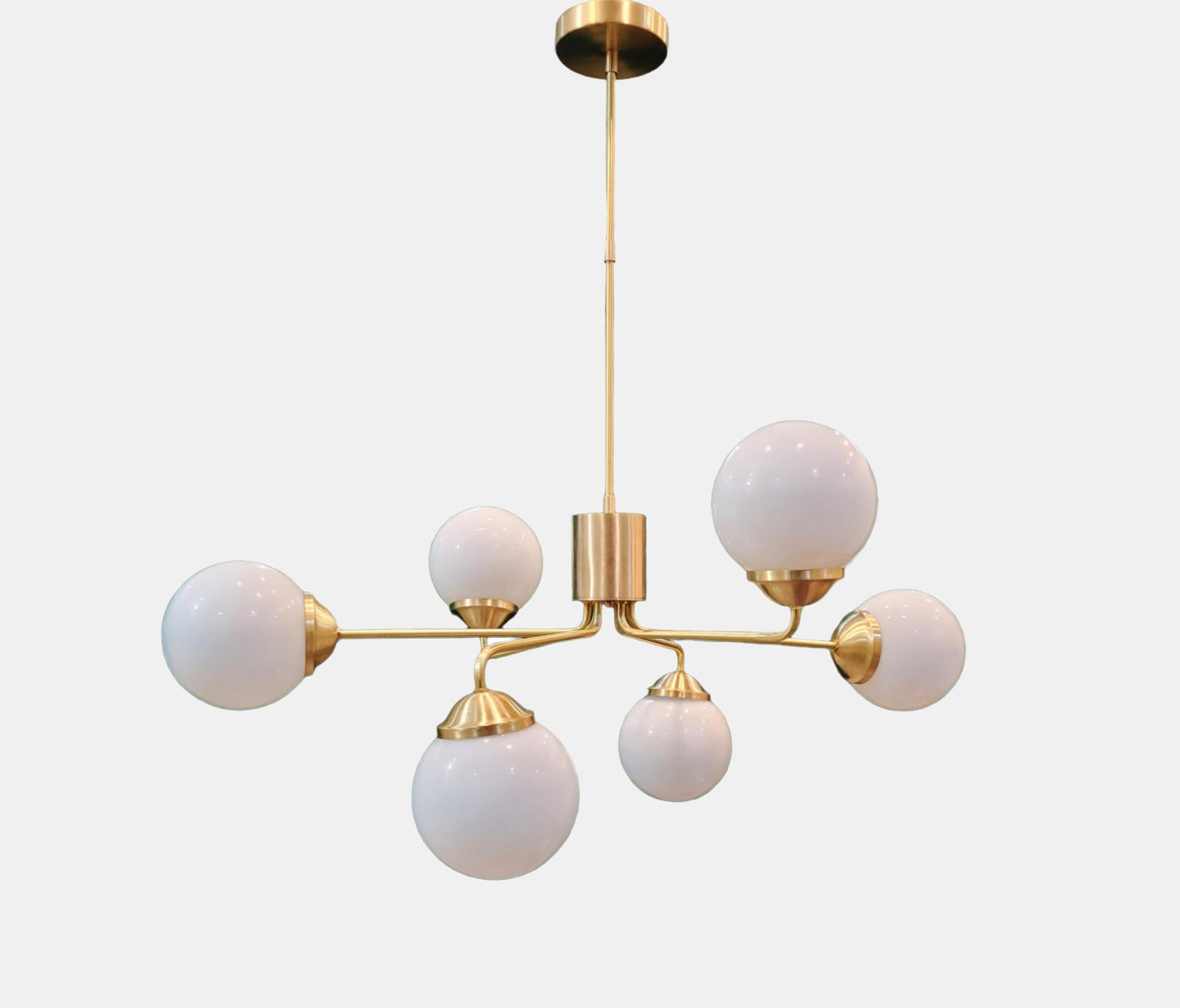 Opal Globe Sputnik Chandelier: Raw Brass Mid Century Modern Light