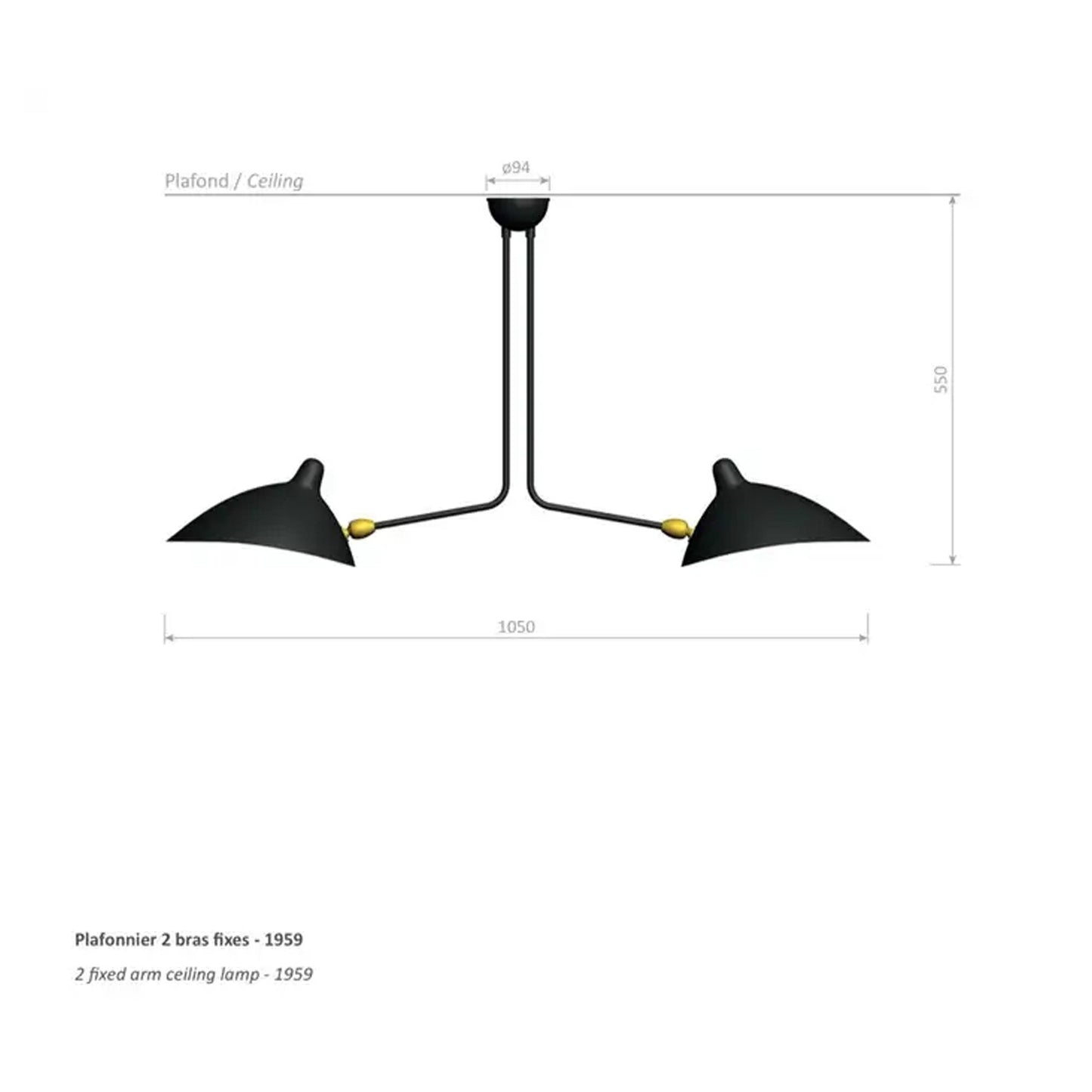 2-Arm Brass Ceiling Light: Modern Matte Black Fixture