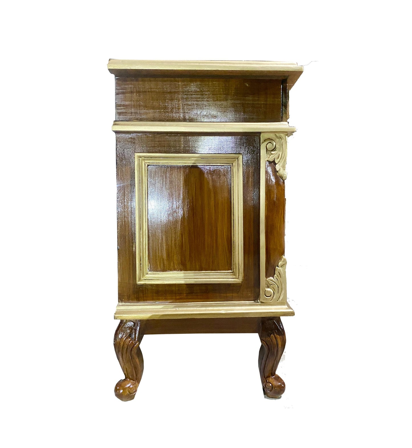 Hand Carved Teak Console Table: Mid-Century Modern Brown & Gold Accent