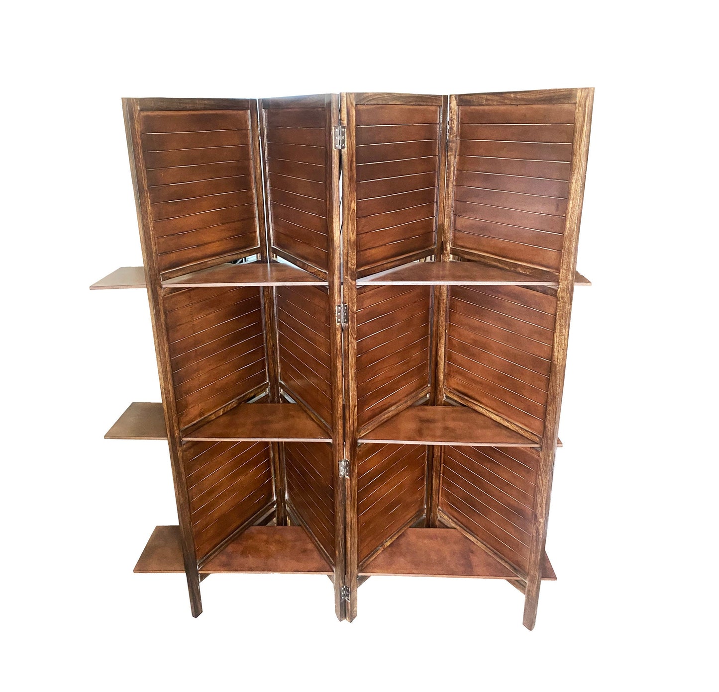 Handmade Wooden Folding Partition with Shelves: Brown Room Divider