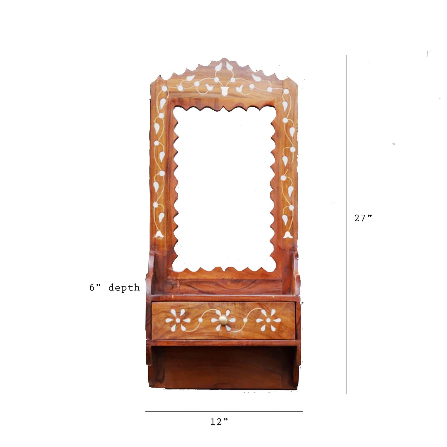 Hand Painted Wood Wall Hanging Mirror with Shelf: Mid-Century Decor