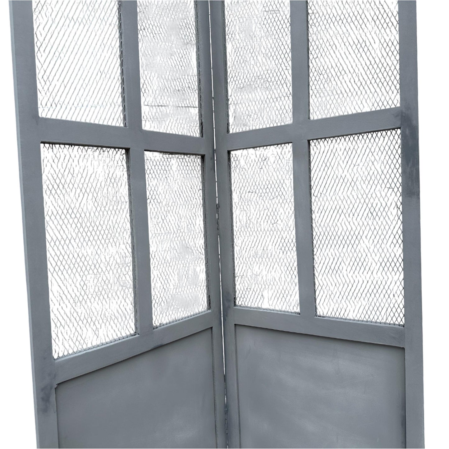 Mid century Metal Mesh Design Wooden Folding Divider,Grey Partition, Handmade Self standing separator