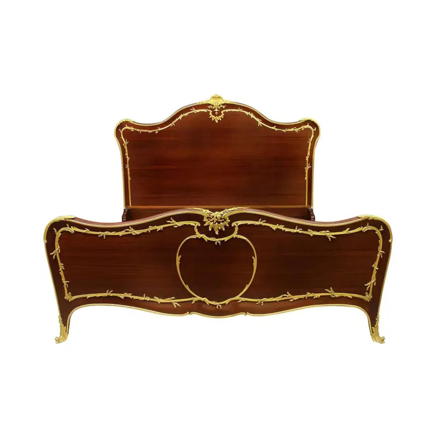 Handmade Gilt Bronze Mounted Mahogany King Bed Frame: Bohemian Rococo Style