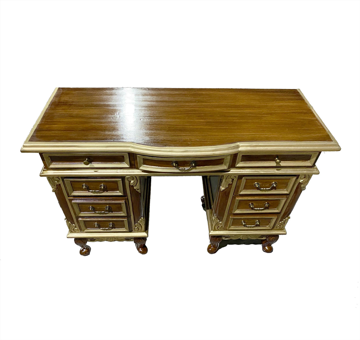 Hand Carved Teak Console Table: Mid-Century Modern Brown & Gold Accent