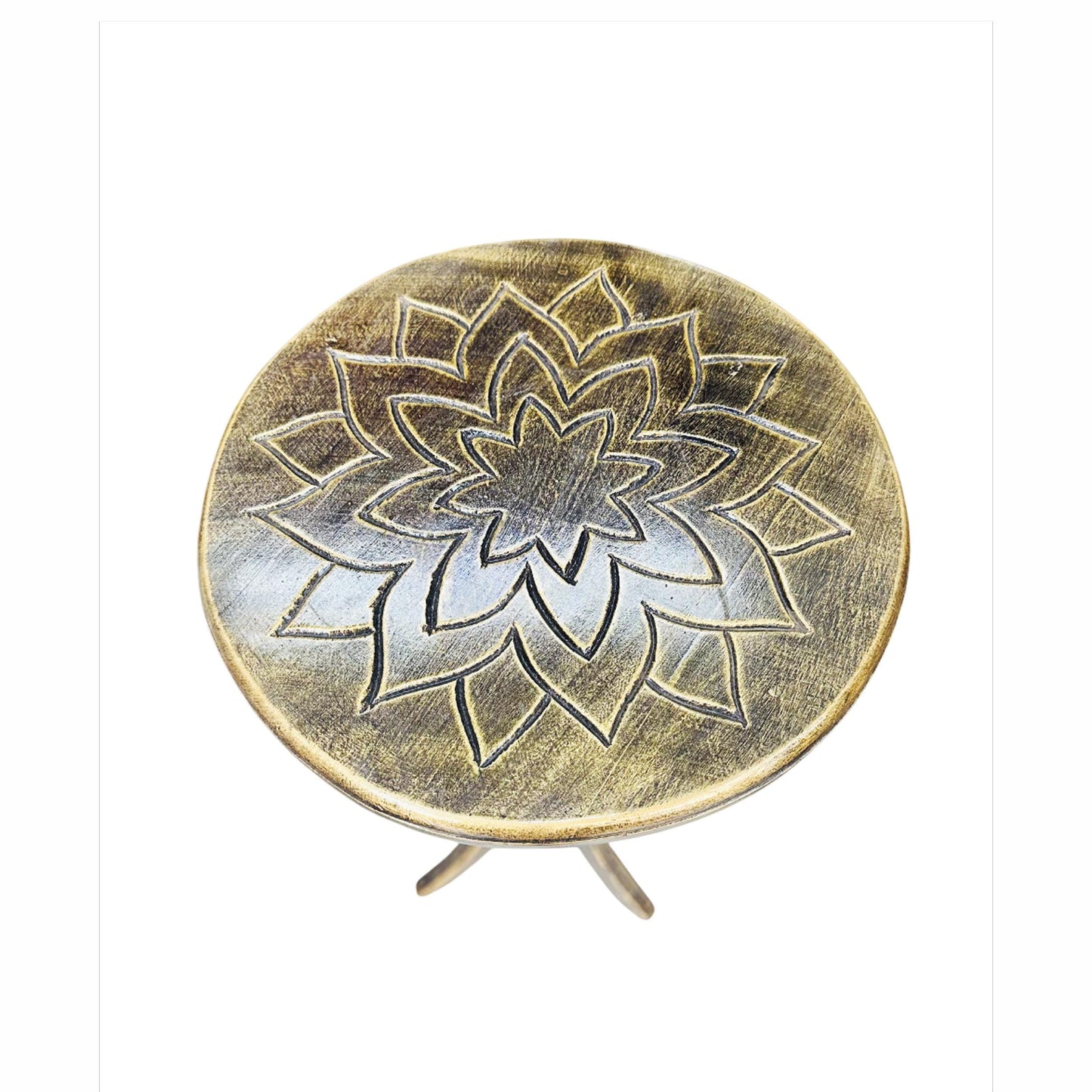 Hand Carved Mango Wood End Table: Rustic Gold Lotus Design