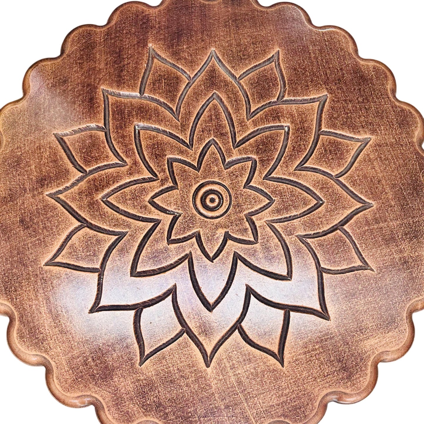 Hand Carved Mango Wood Coffee Table: lotus design, copper shade, folding design