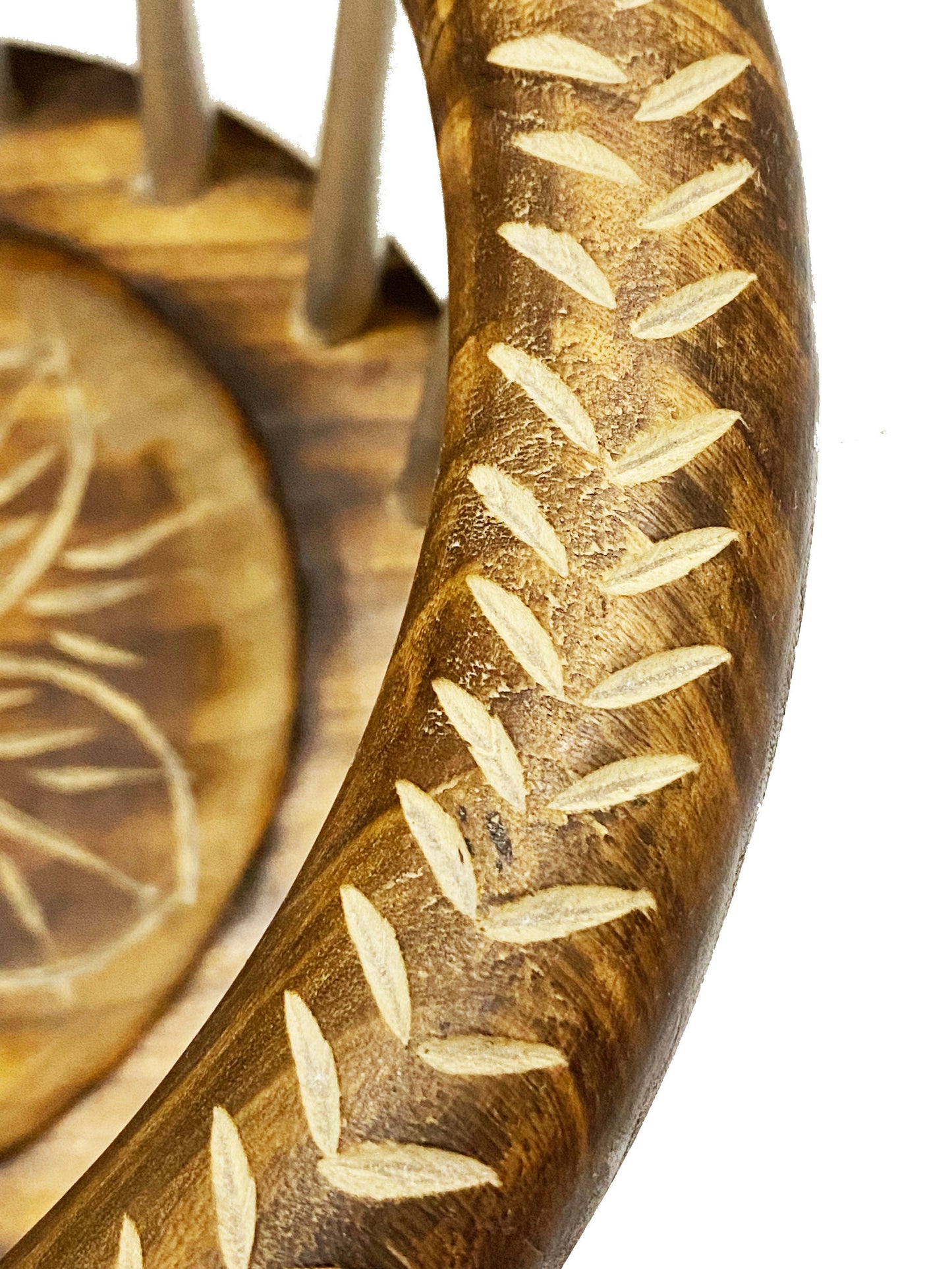 Round Wooden Basket, handmade Metal wood hand carved floral design decorative basket