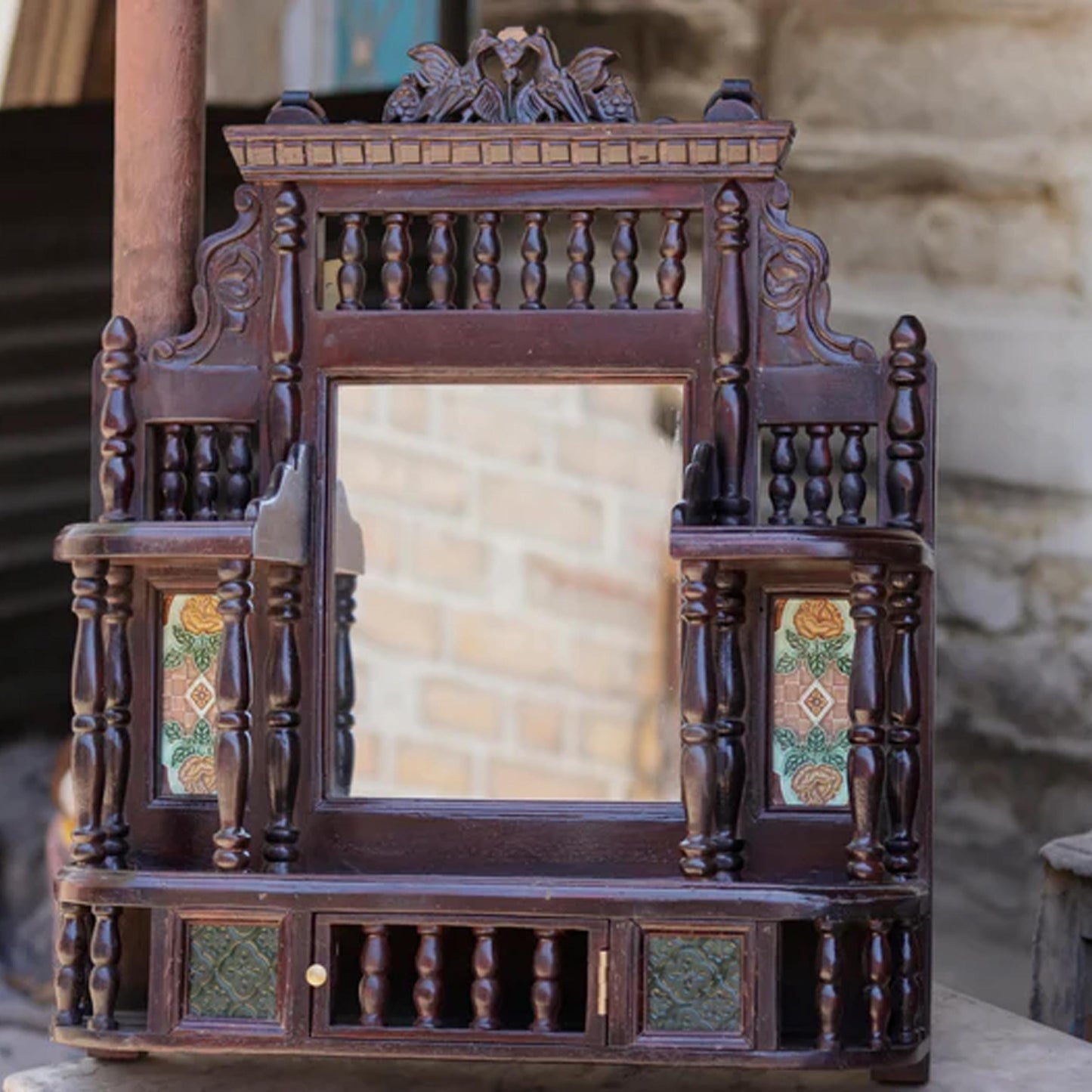 Handmade Wooden Wall Mirror with Storage: Carved Wood Decor