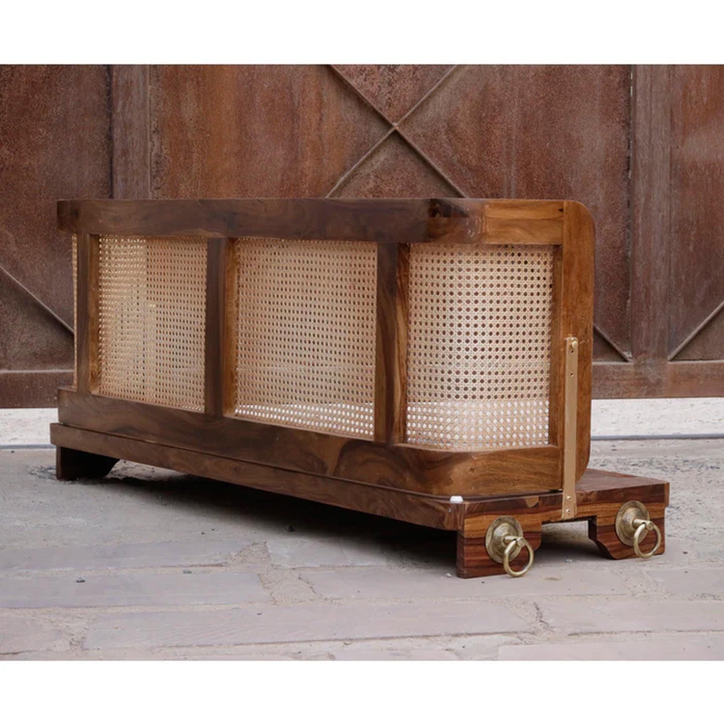 Handmade Teak Wood Hanging Swing: Brass Chain, Cane Back Rest