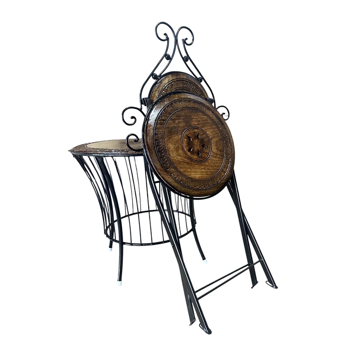 Hand Carved Mango Wood Coffee Table: Wrought Iron & Leaf Design