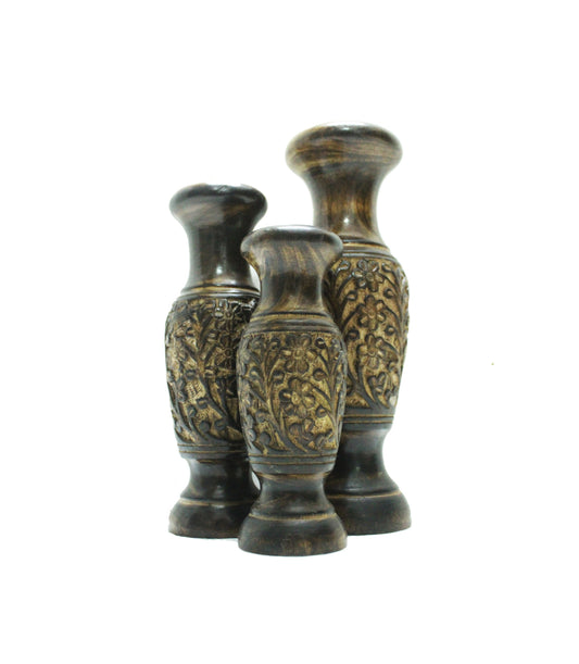 Wooden carved Flower Vase For home décor, Handmade Burned Polished set of 3