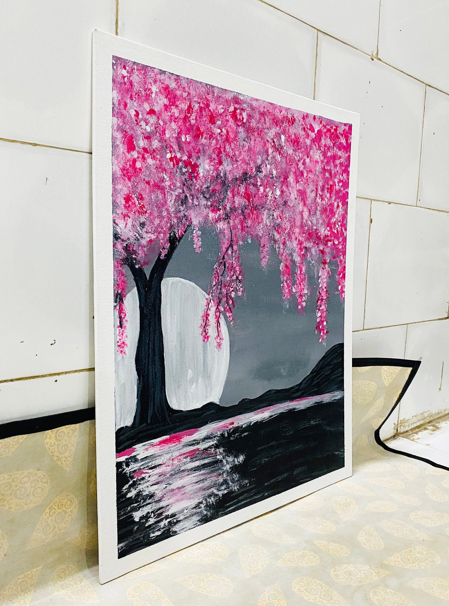 Hand Painted Full Moon With Aglaonema Tree Painting on canvas, Wall décor for home and office