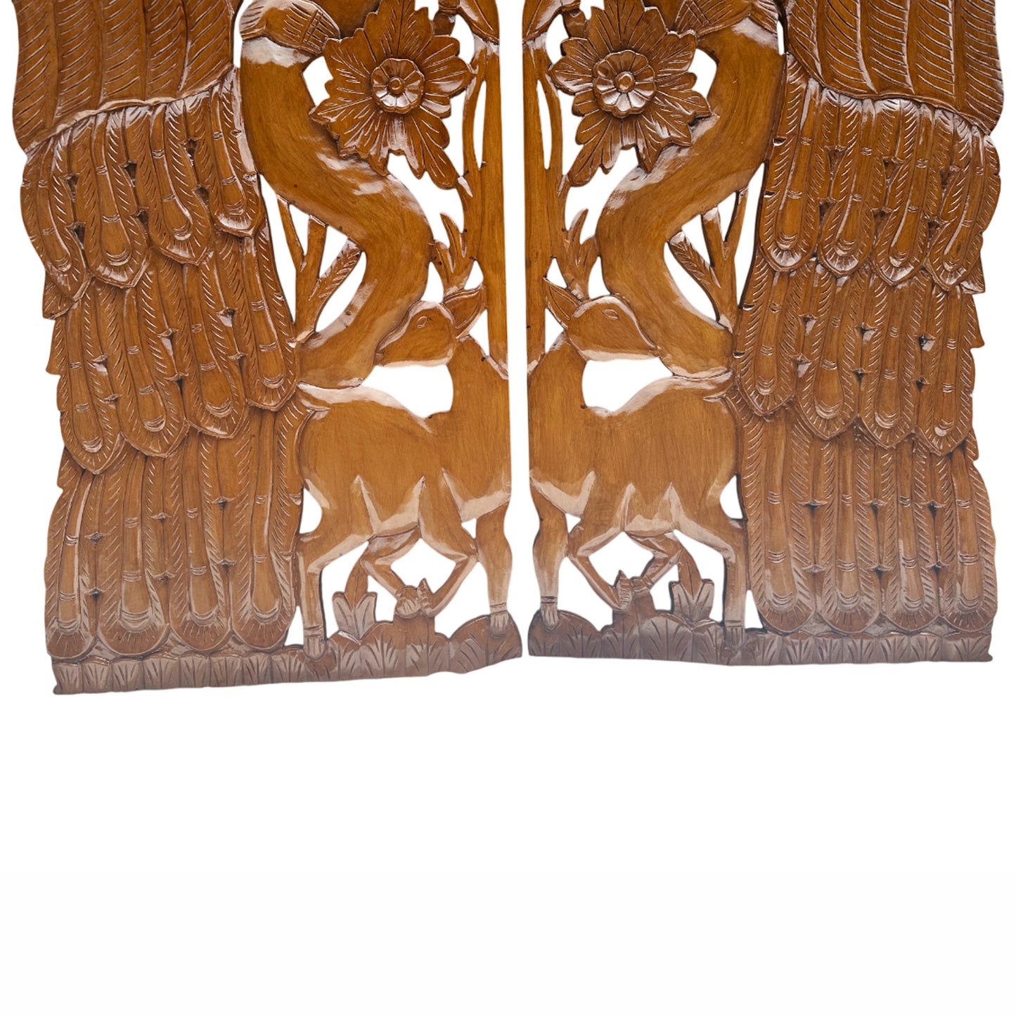 Hand Carved Wood Peacock & Flower Wall Decor - 7 ft Brown Hanging Fixture