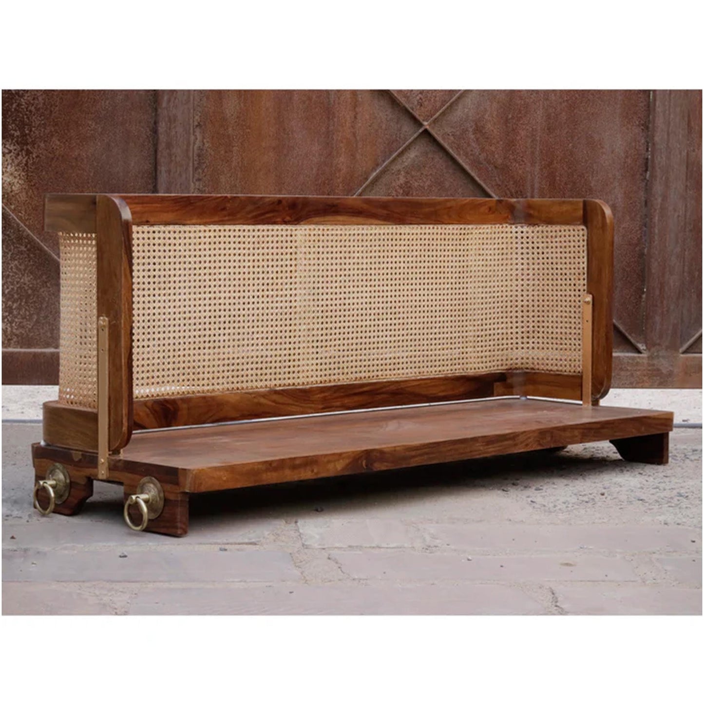 Handmade Teak Wood Hanging Swing: Brass Chain, Cane Back Rest