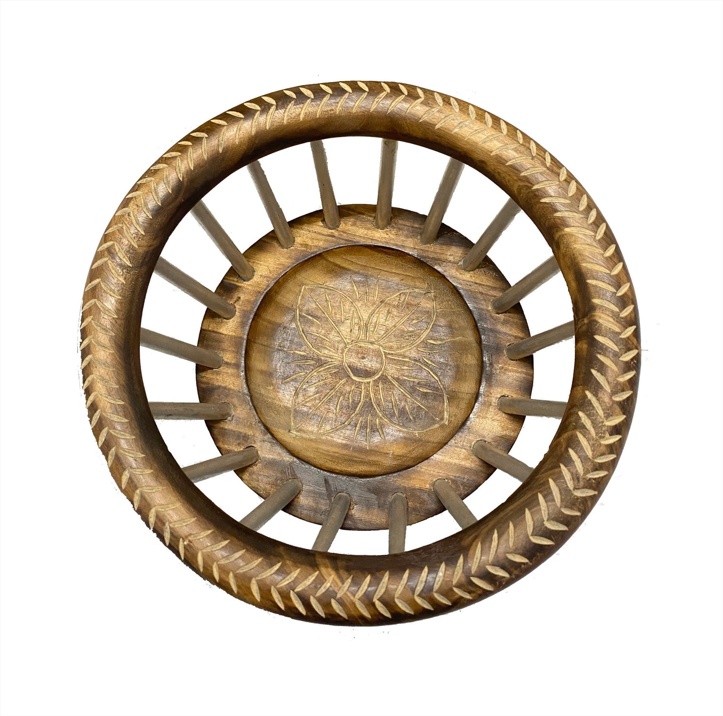 Round Wooden Basket, handmade Metal wood hand carved floral design decorative basket