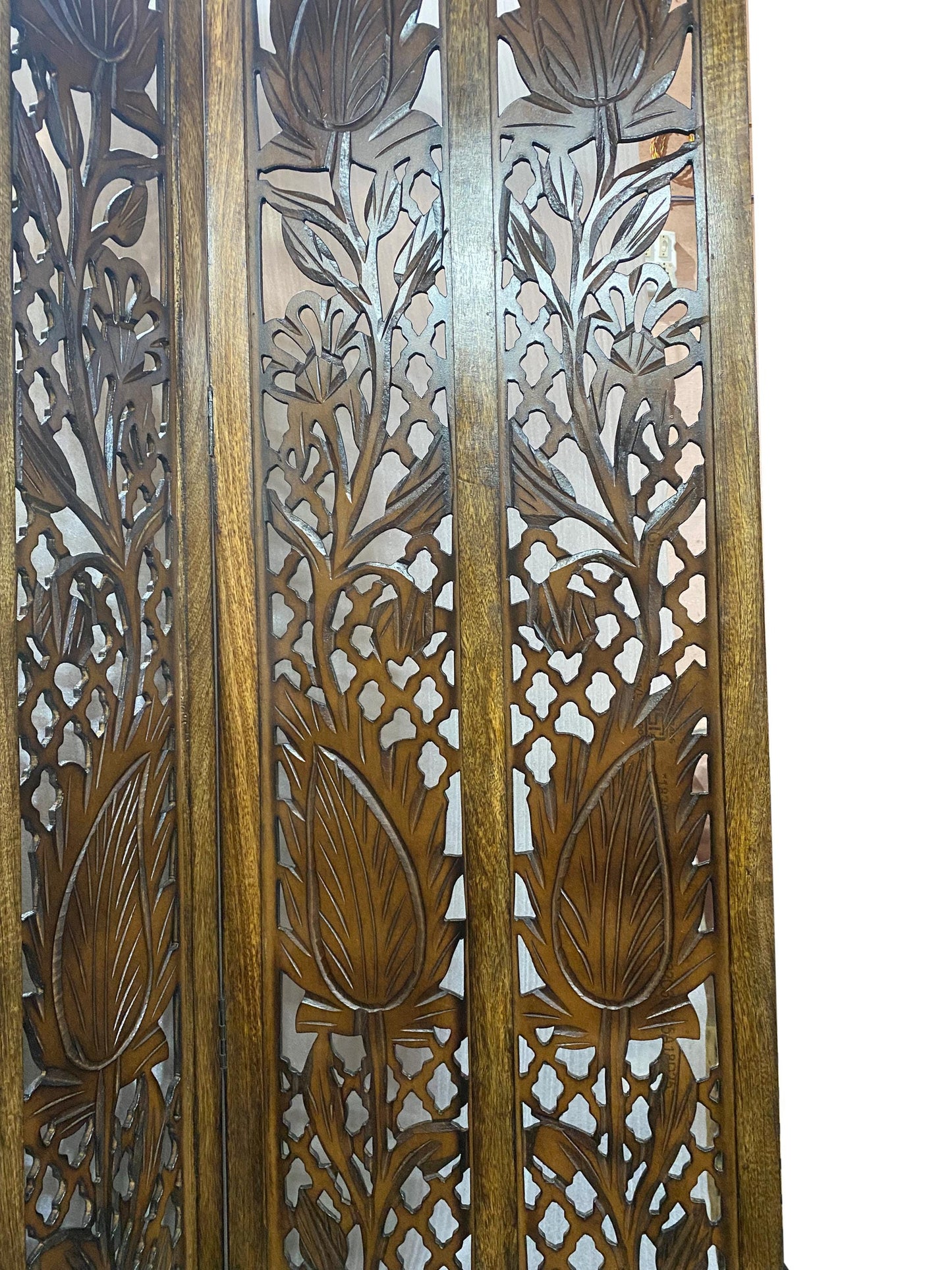 Mid century Brown Mesh Design Wooden Folding Divider, Partition, Handmade Self standing screen