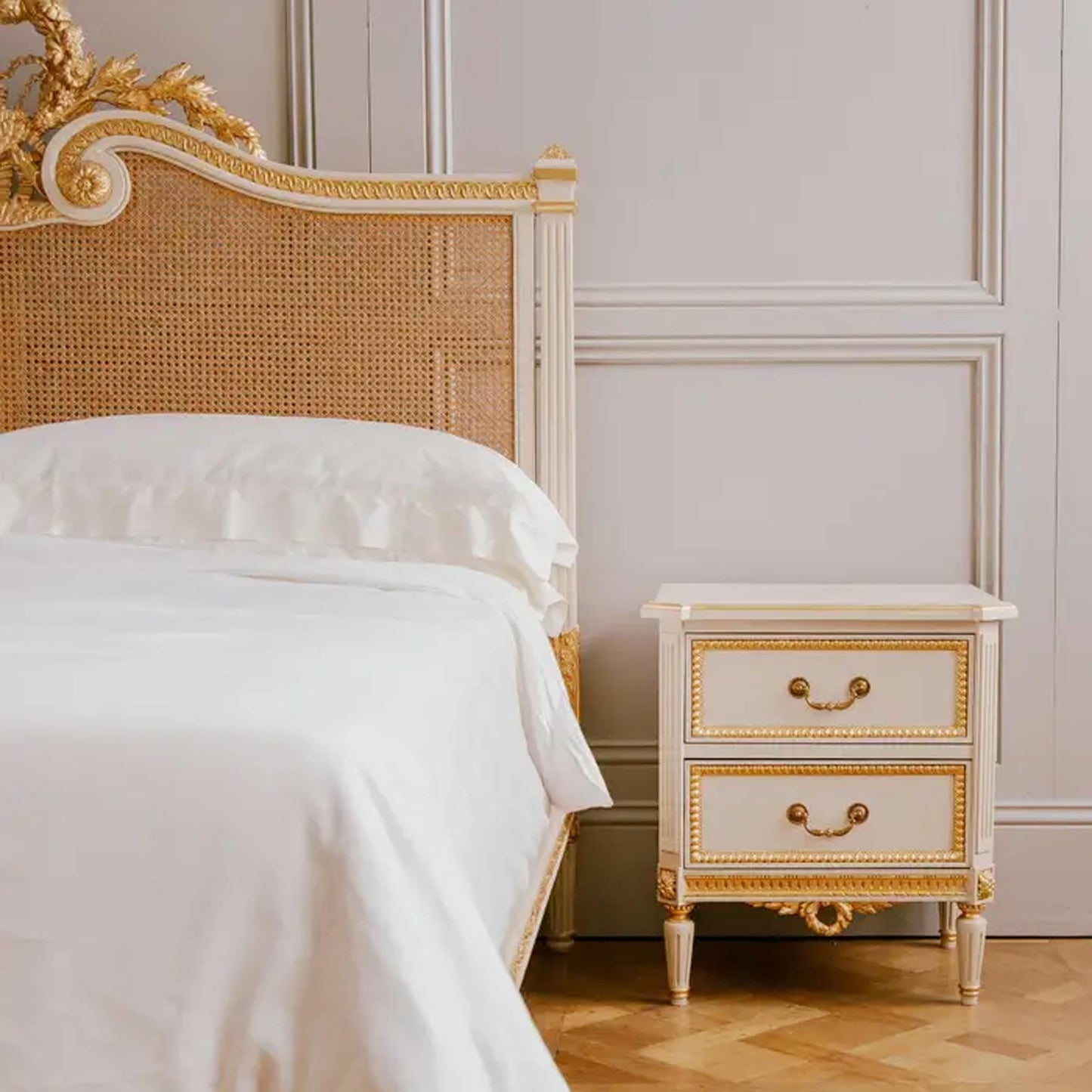 Hand carved Rosace Bed, King Hand Carved in the Louis XVI Style Rattan cane Bohemian Rococo Style gold leaf Bed Frame