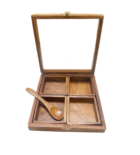 Handmade Table top box, Wooden Spice 4 container set with spoon