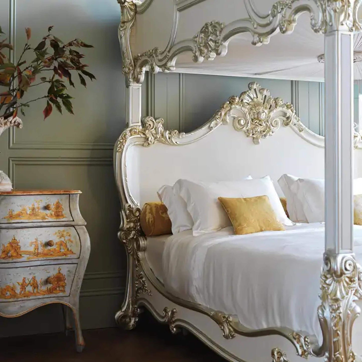 Hand Carved Rococo Style Bed Frame: Silver Gilt Wood, Four Poster