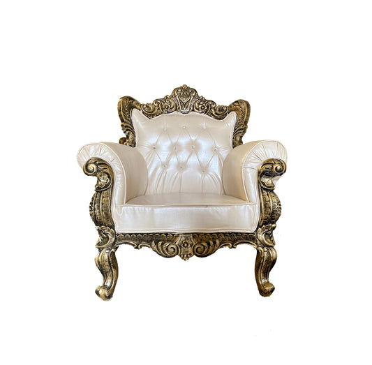 Hand Carved Louis XVI Sofa: Rustic Gold Teak, Cream Upholstery