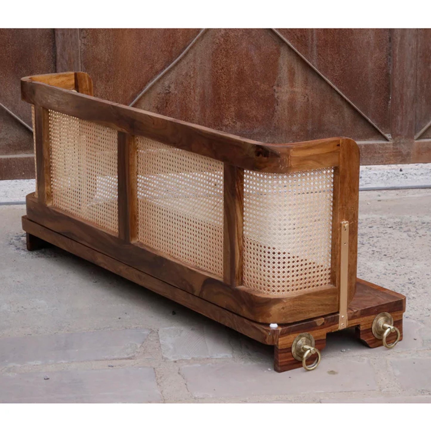 Handmade Teak Wood Hanging Swing: Brass Chain, Cane Back Rest