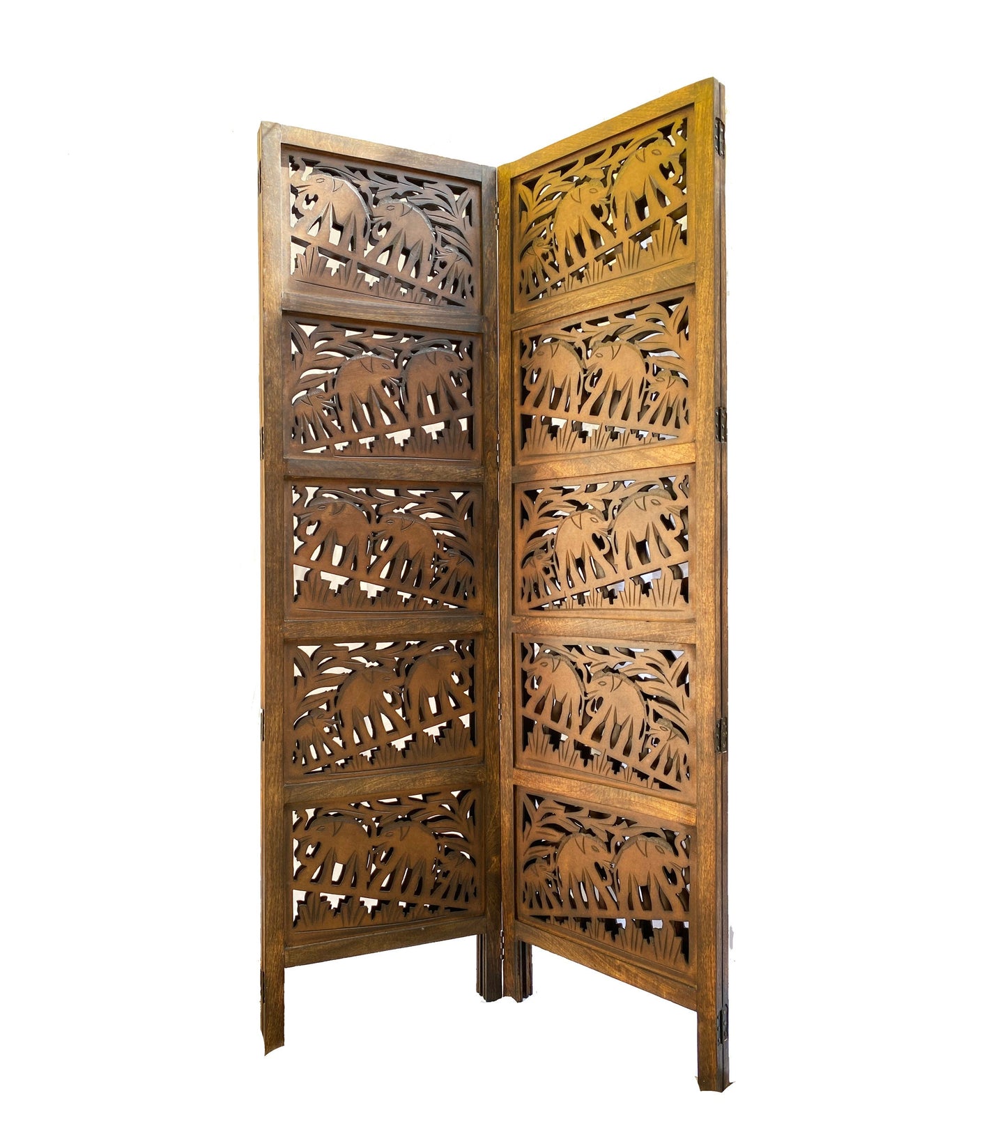 Mid century Elephant carving Design Wooden Folding Divider, Partition, Handmade Self standing separator